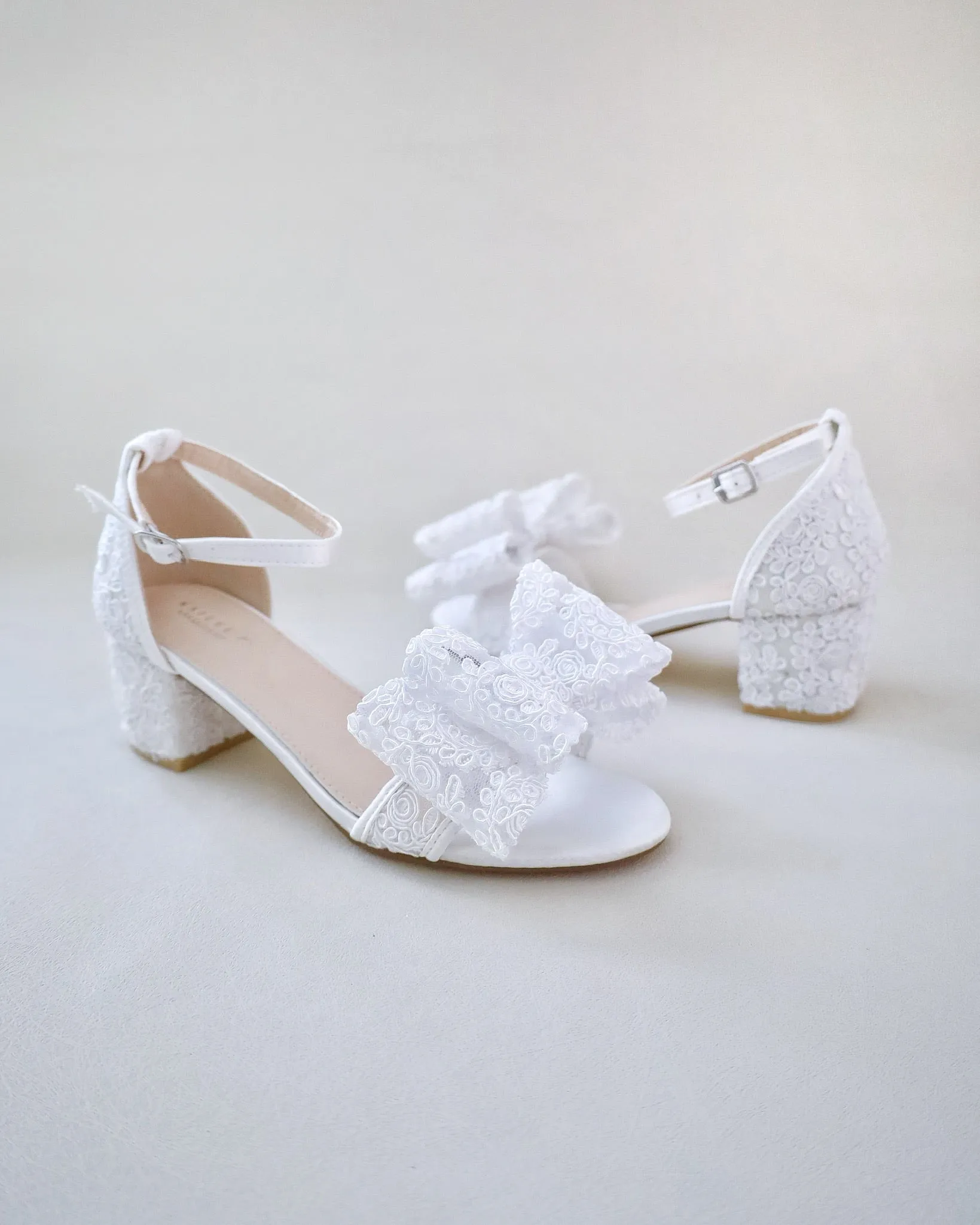 Crochet Lace Block Heel Wedding Sandals with Oversized Lace Bow