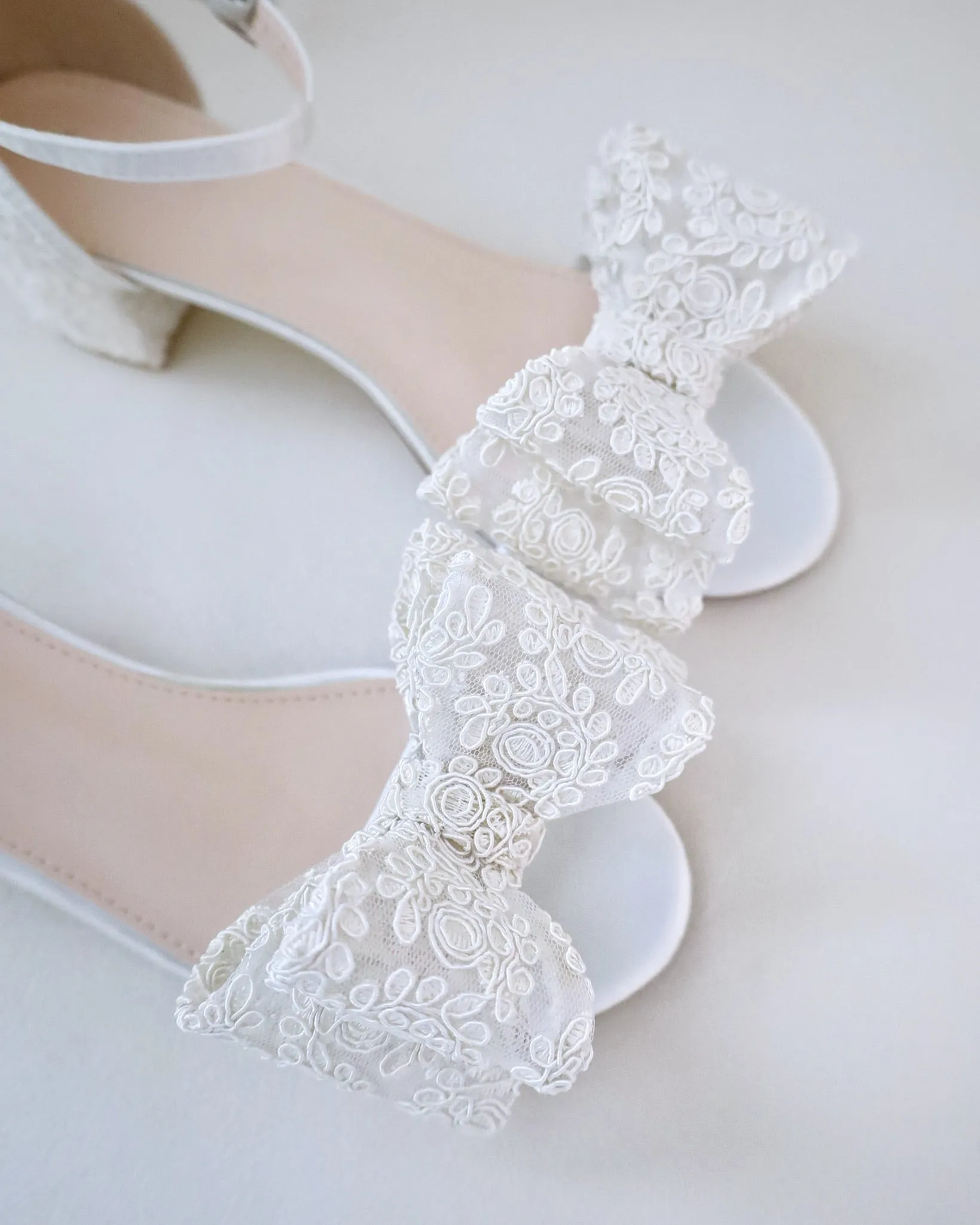 Crochet Lace Block Heel Wedding Sandals with Oversized Lace Bow