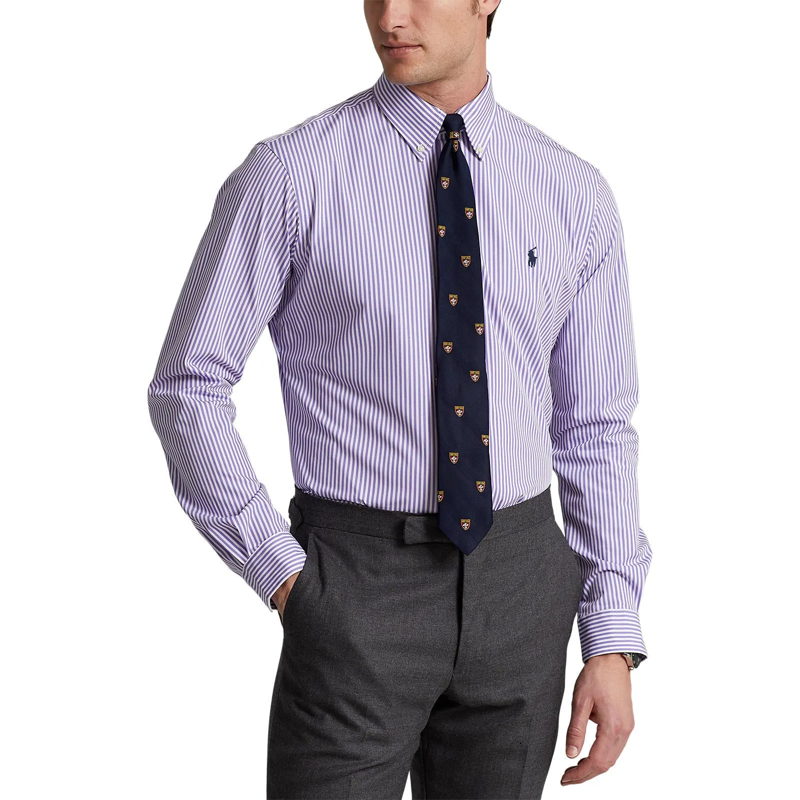 Custom Fit Striped Stretch Poplin Shirt - Stripe - Lavender & White