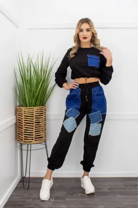 Denim Long Sleeve Top With Matching Pant Set Black