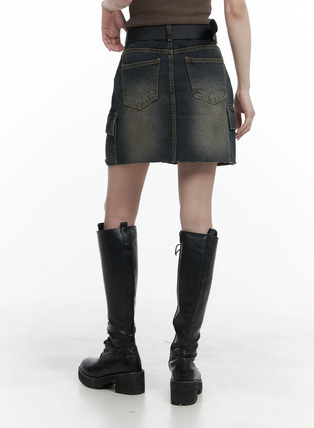 Destroyed Hem Cargo Denim Mini Skirt CA402