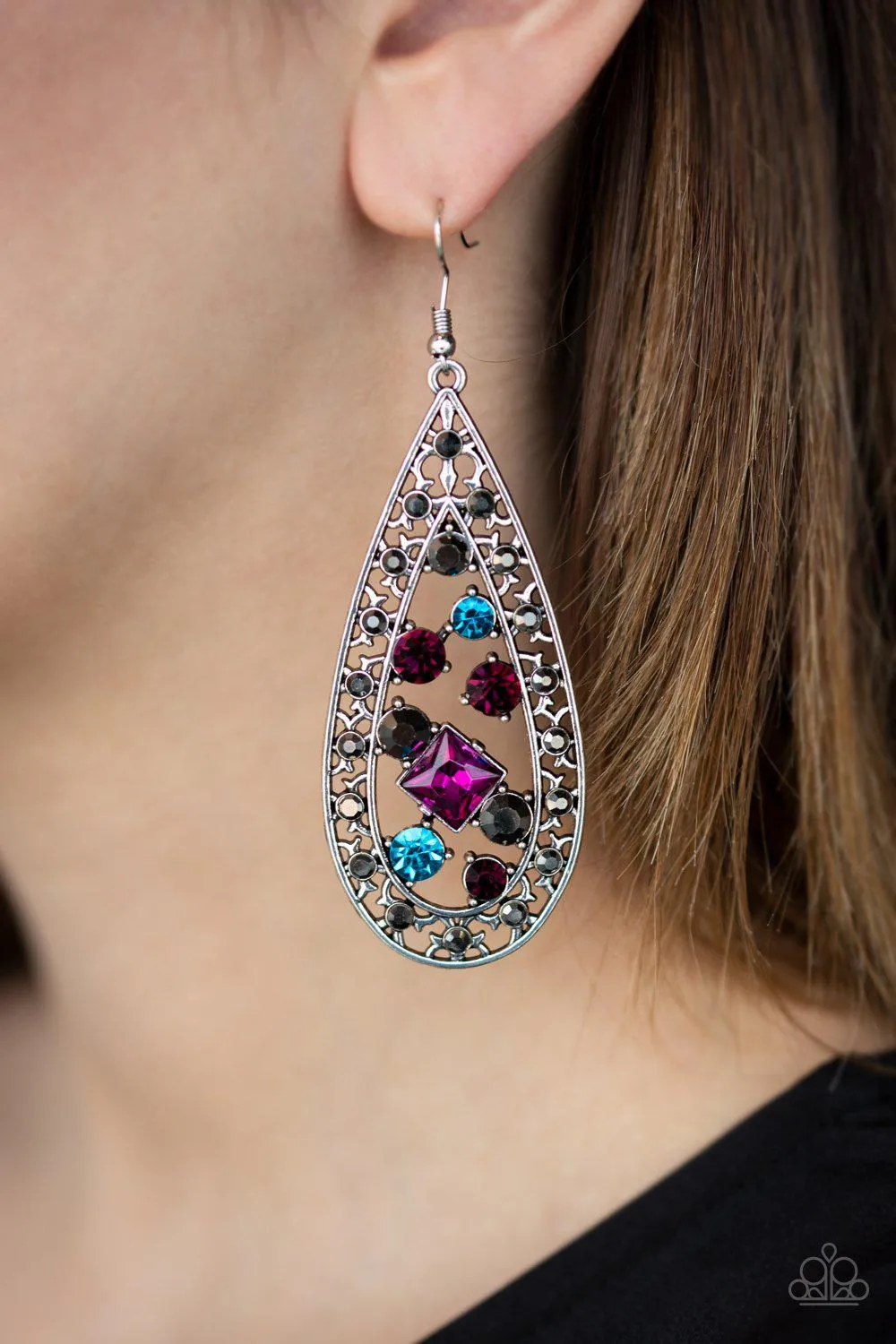 Drop-Dead Dazzle Multi - Blue, Pink, Purple and Hematite Rhinestone Earrings - Paparazzi Accessories