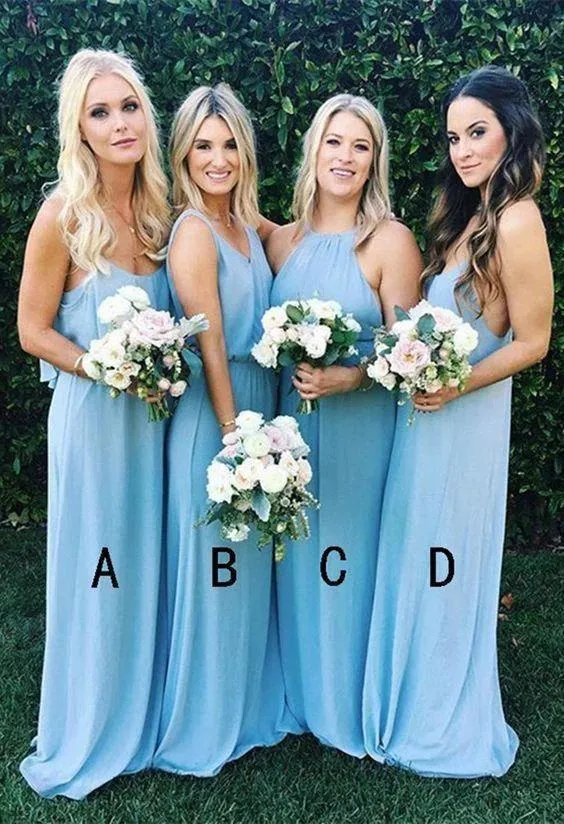 Elegant A Line Sky Blue Mismatched Bridesmaid Dresses Chiffon Long Prom Dresses STK15152