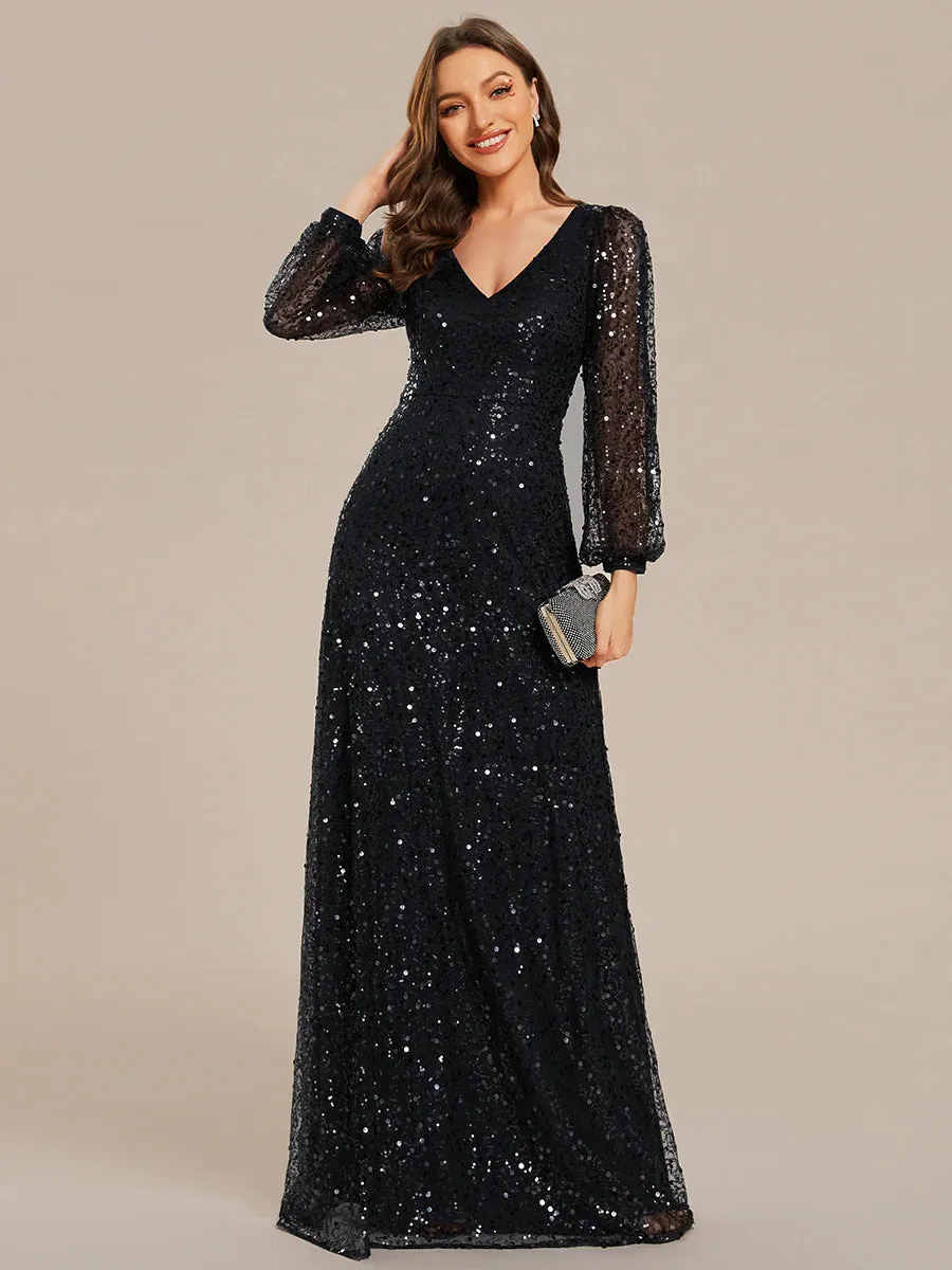 Elegant waisted chiffon V-neck long sleeve guest dress