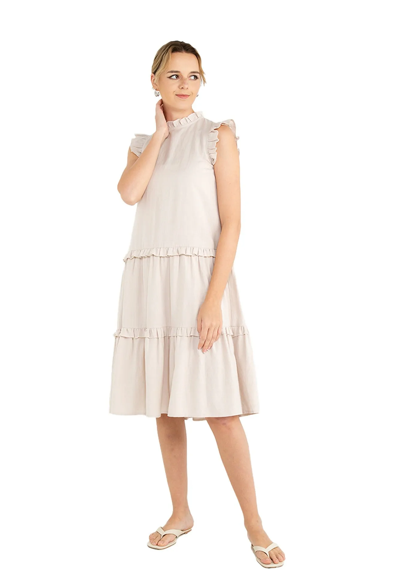 ELLE Apparel Ruffle Sleeves Tie Back Linen Midi Dress