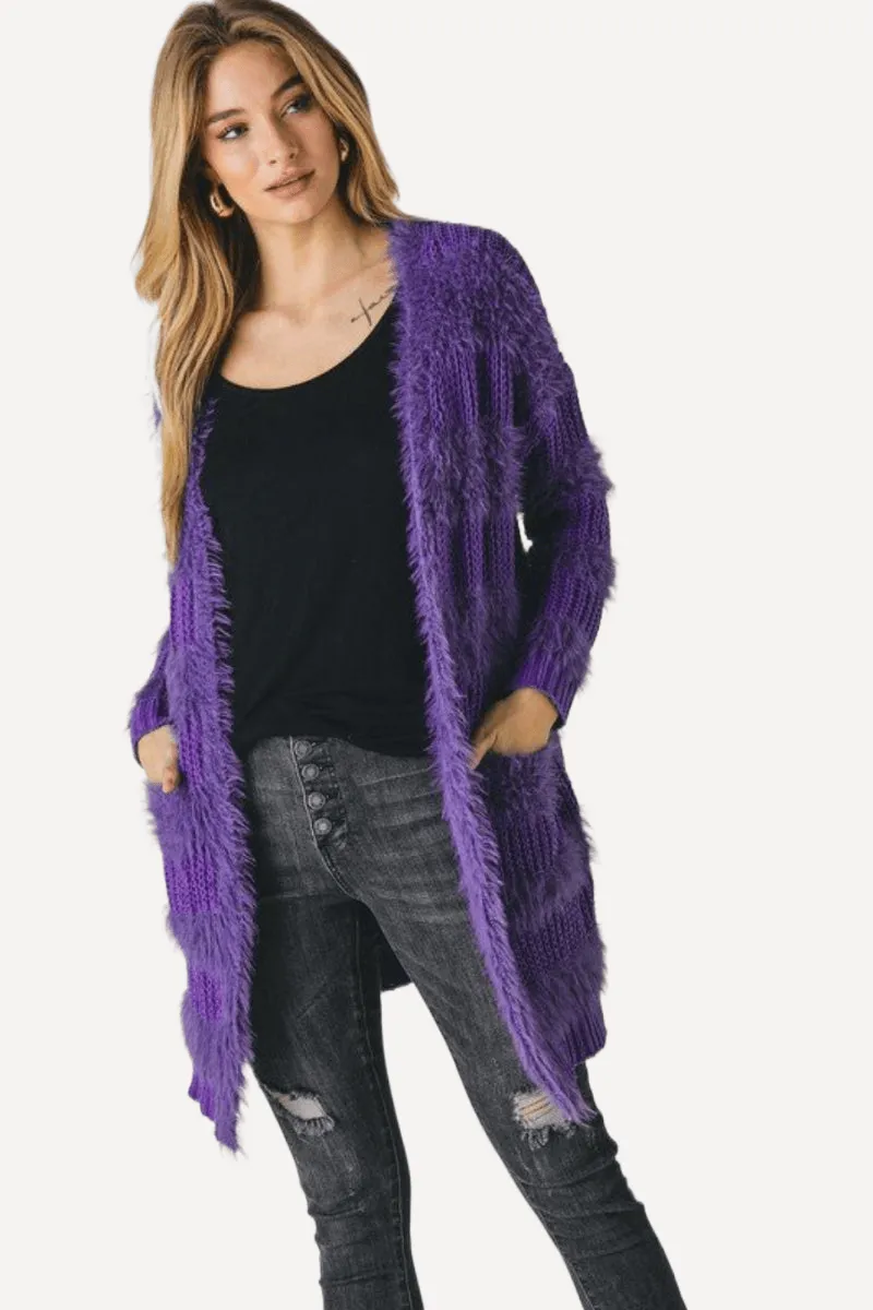 Fur Trim Cardigan in Purple