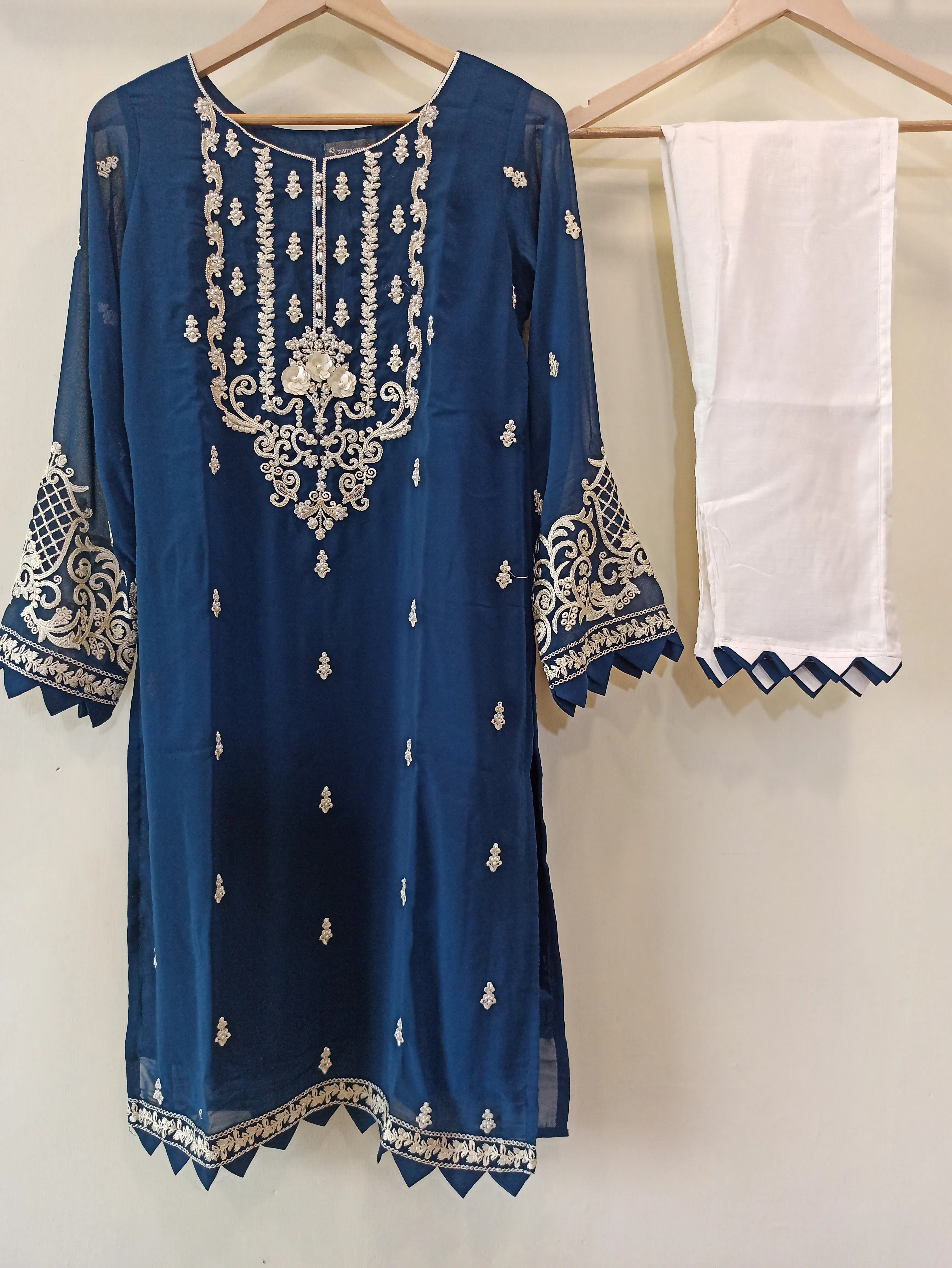 Georgette Prussian Blue Kurta With Modal Silk Pants