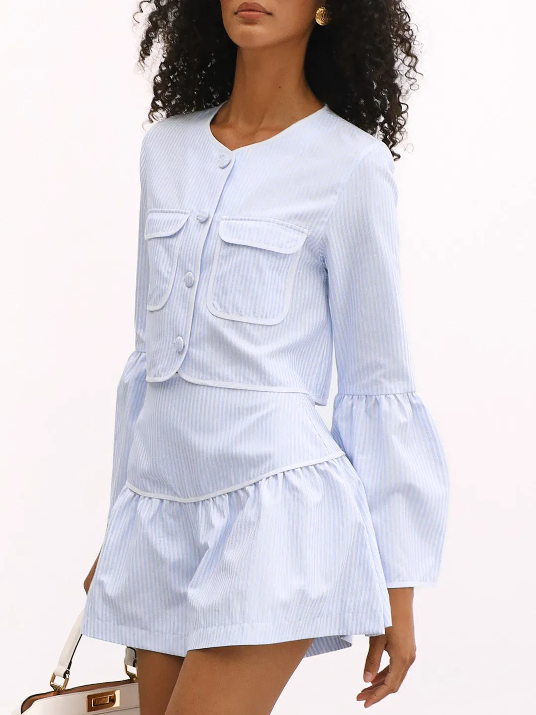 Gigi Cotton Stripe Flare Sleeve Top | Blue Stripe