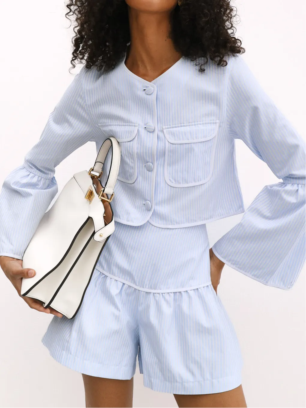 Gigi Cotton Stripe Flare Sleeve Top | Blue Stripe