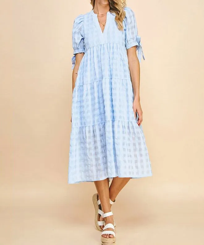 Gingham Print Tunic Dress - Light Blue