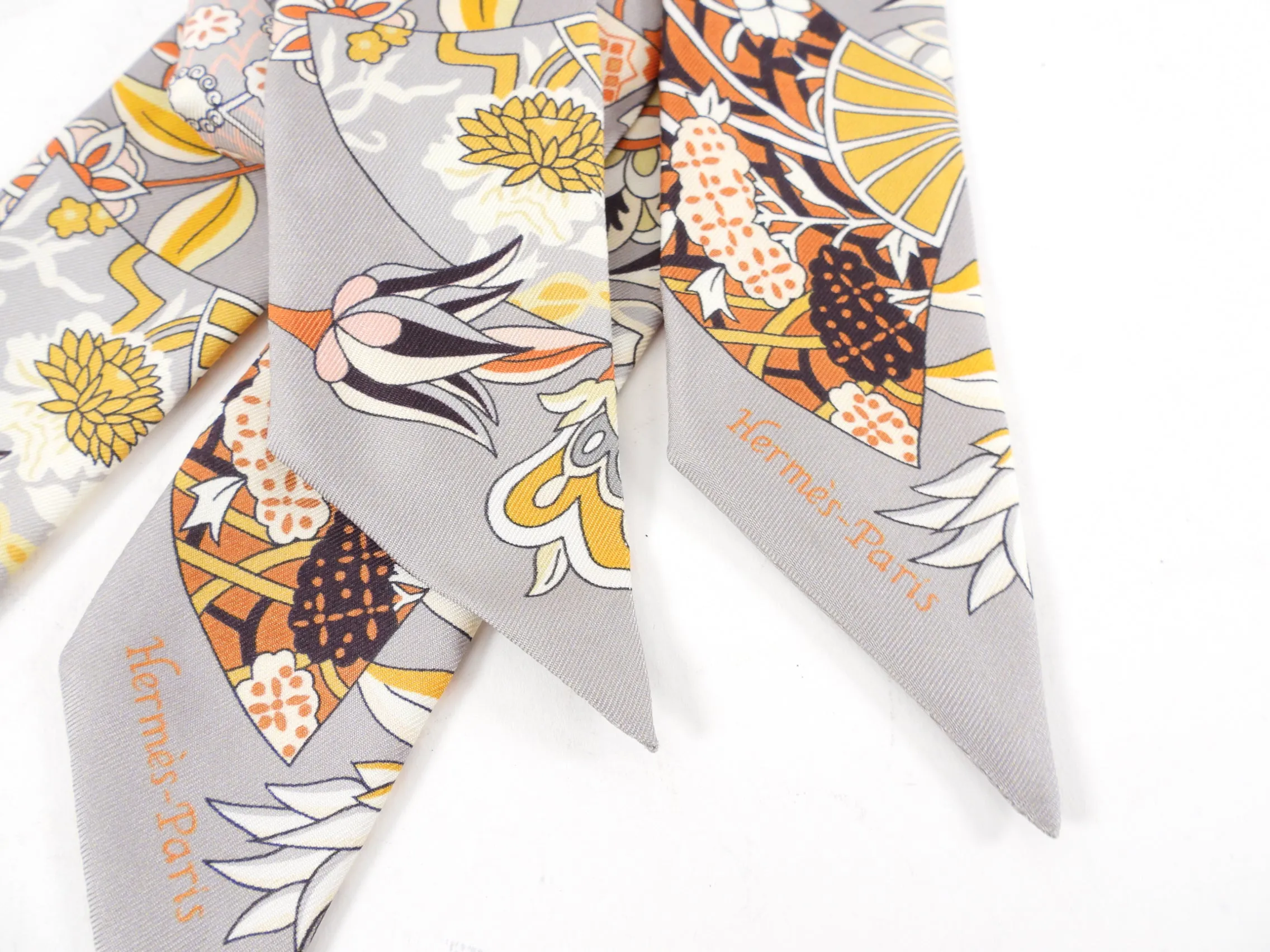 Hermes Grey and Orange Floral Twilly Set x 2pcs