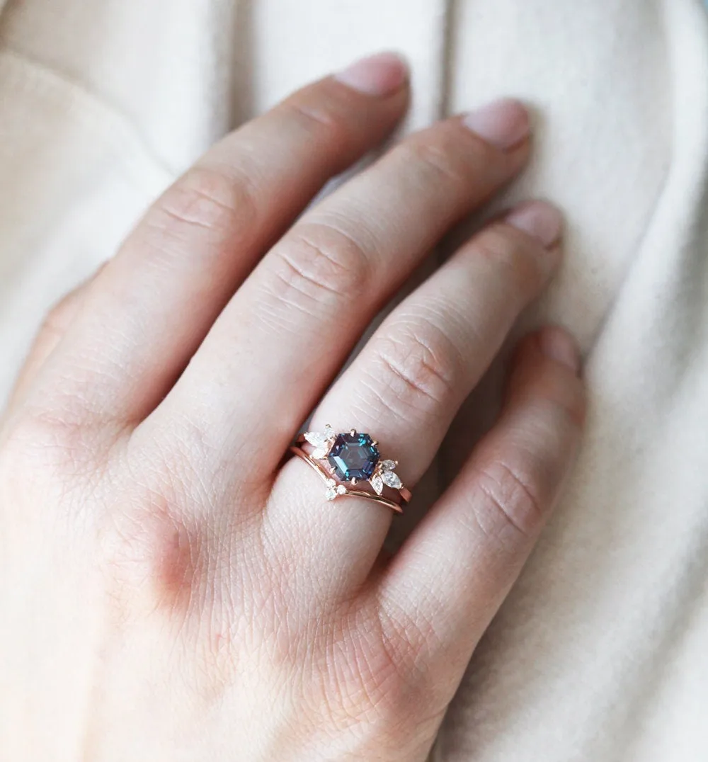 Hexagon Alexandrite Engagement Ring Set