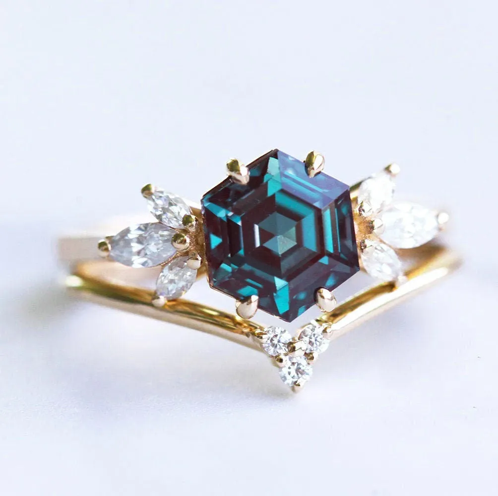 Hexagon Alexandrite Engagement Ring Set