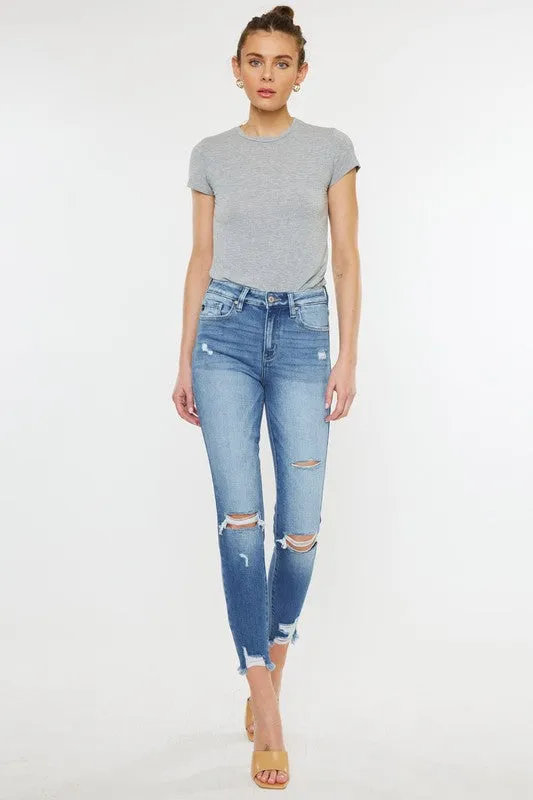 HIGH RISE FRAY HEM ANKLE SKINNYJEANS