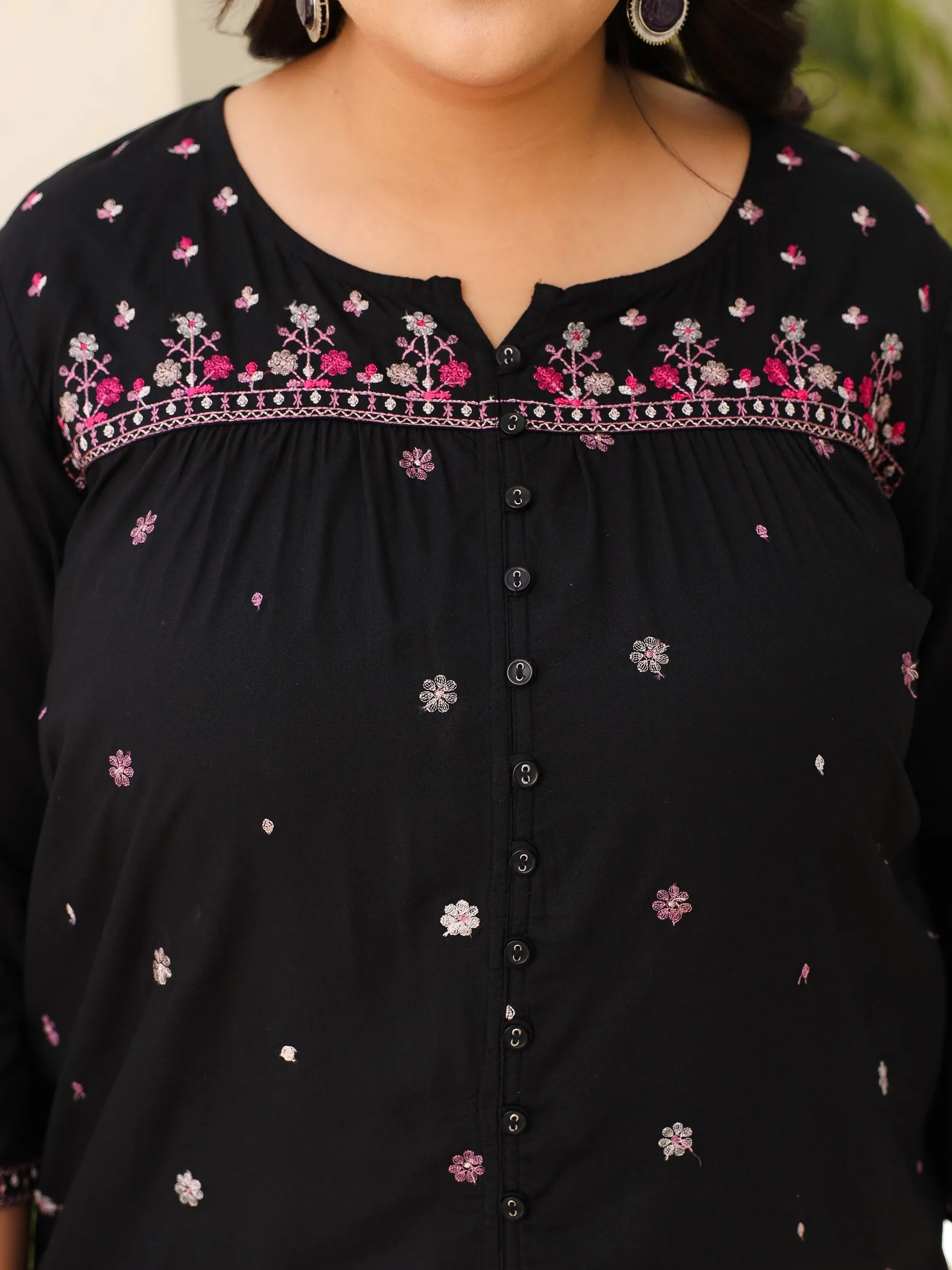 Juniper Black Gathered Rayon Plus Size Tunic With Thread Embroidery