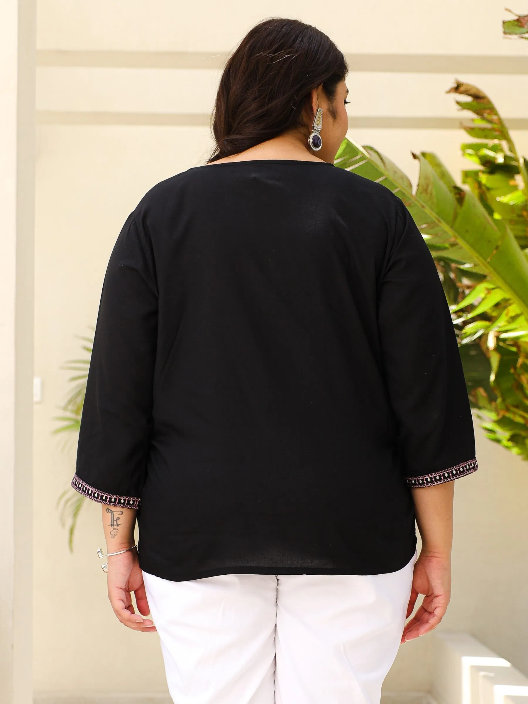 Juniper Black Gathered Rayon Plus Size Tunic With Thread Embroidery