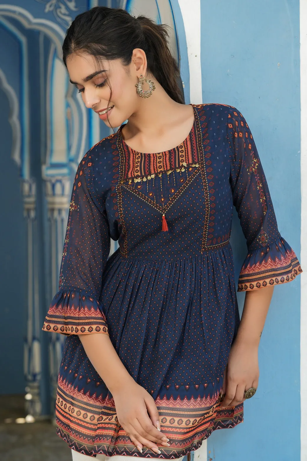 Juniper Indigo Geometric Printed Georgette Peplum Tunic With Tassels