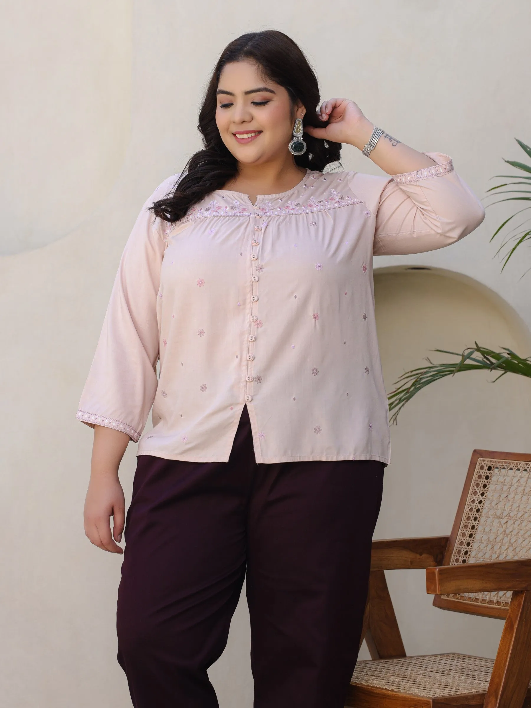 Juniper Nude Gathered Rayon Plus Size Tunic With Thread Embroidery