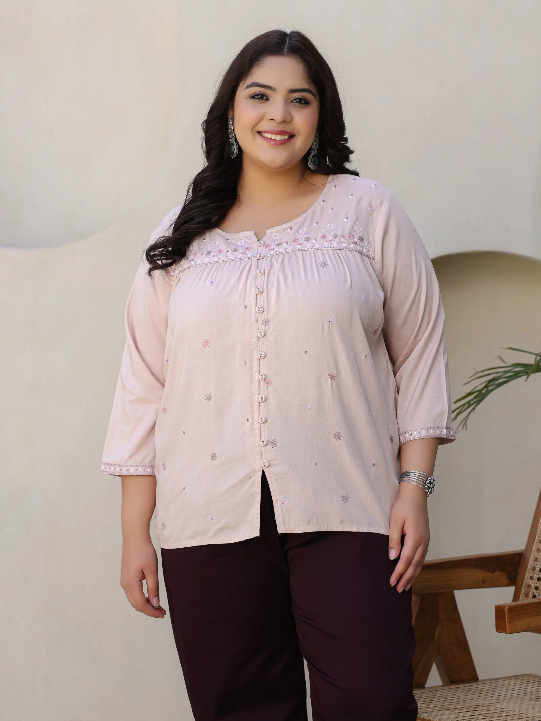 Juniper Nude Gathered Rayon Plus Size Tunic With Thread Embroidery