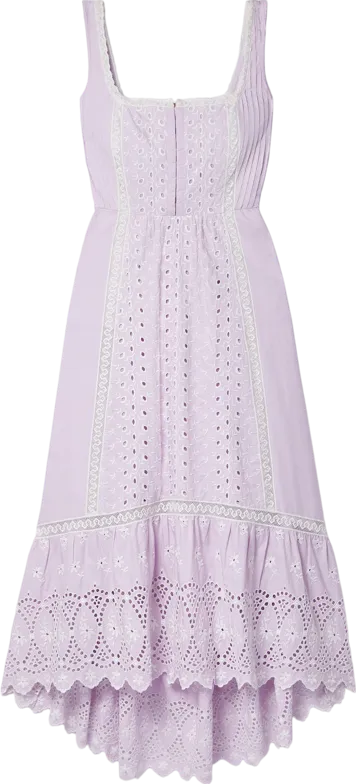 loveshackfancy lilac crochet-trimmed broderie anglaise midi dress UK XXS