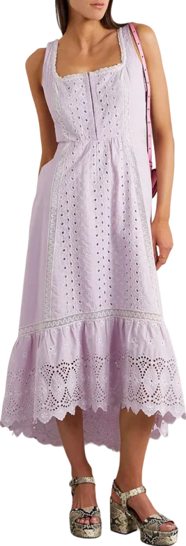 loveshackfancy lilac crochet-trimmed broderie anglaise midi dress UK XXS