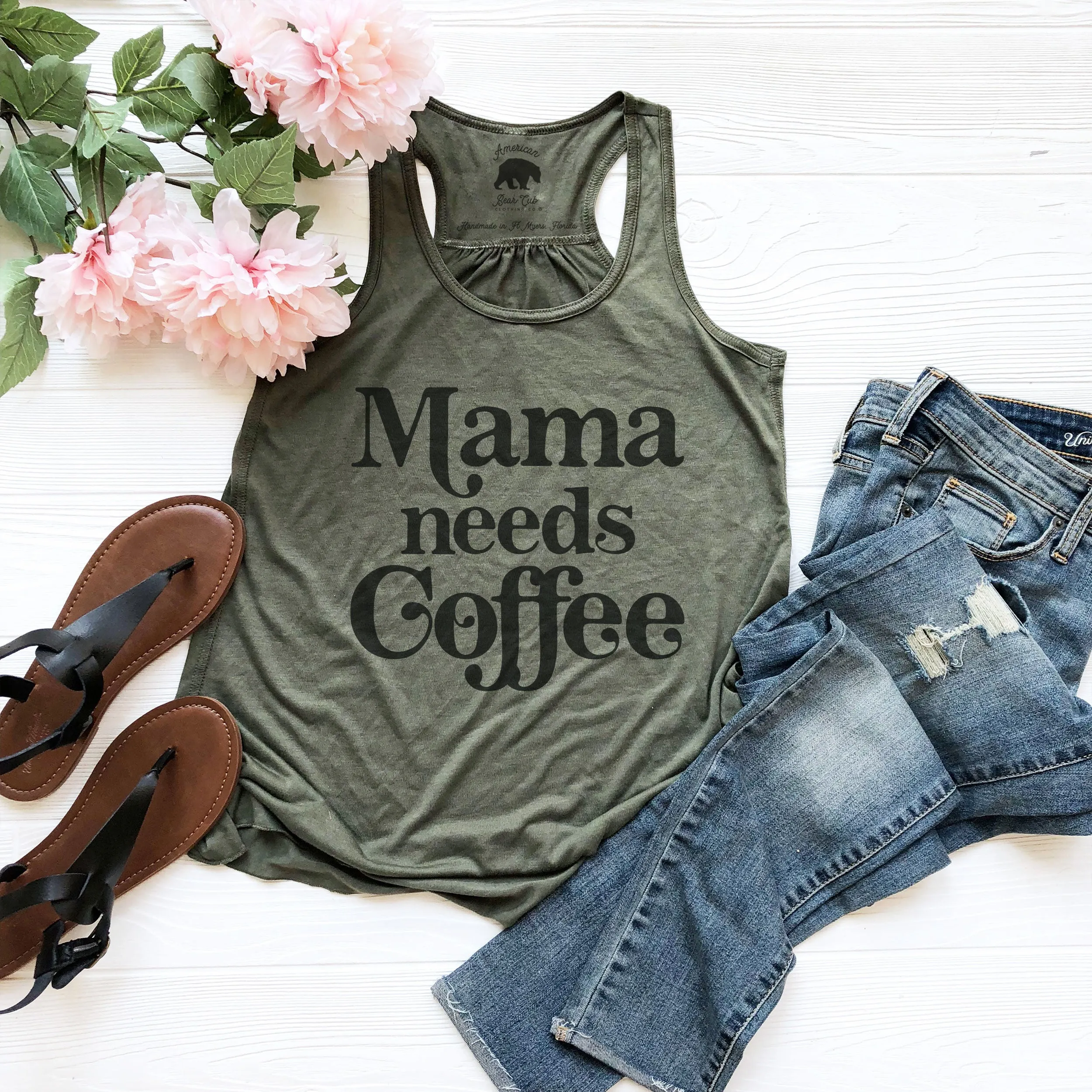 Mama Needs Coffee flowy racerback tank tops - light or dark artwork