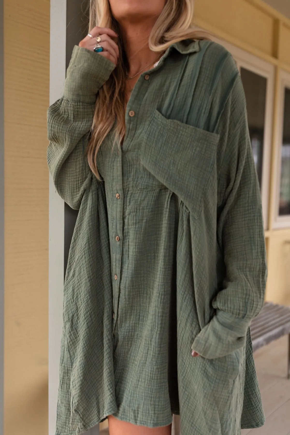 Marci Button Down Tunic Dress - Olive