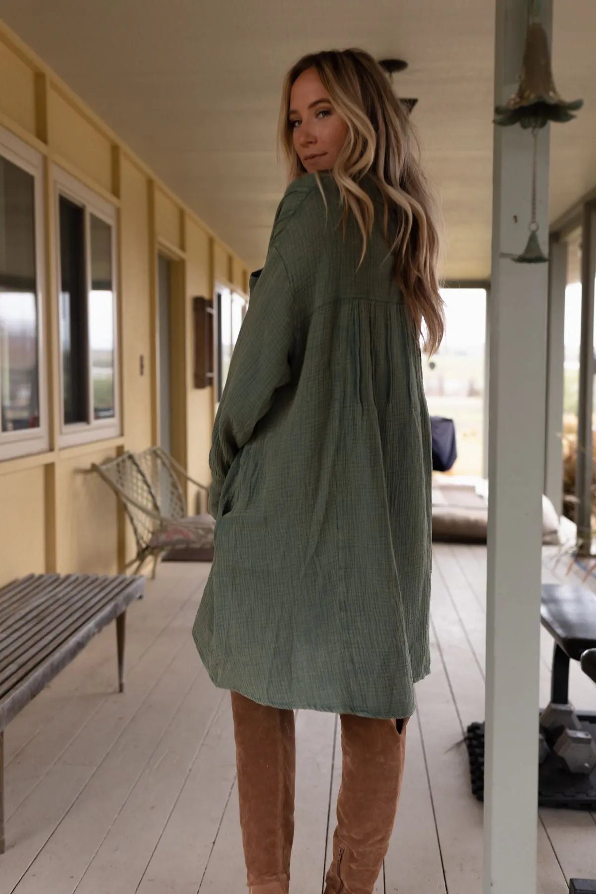 Marci Button Down Tunic Dress - Olive