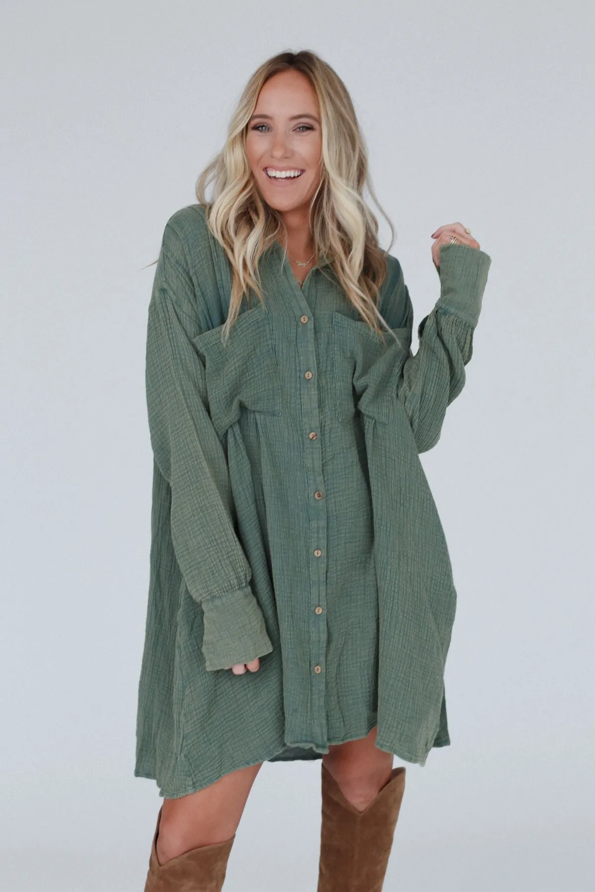 Marci Button Down Tunic Dress - Olive