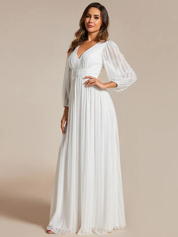 Maxi Long Chiffon Waist V Neck Evening Dress with Long Sleeves