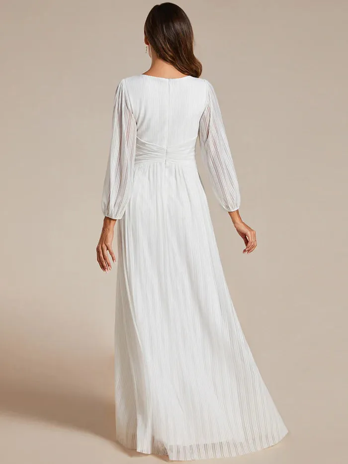 Maxi Long Chiffon Waist V Neck Evening Dress with Long Sleeves