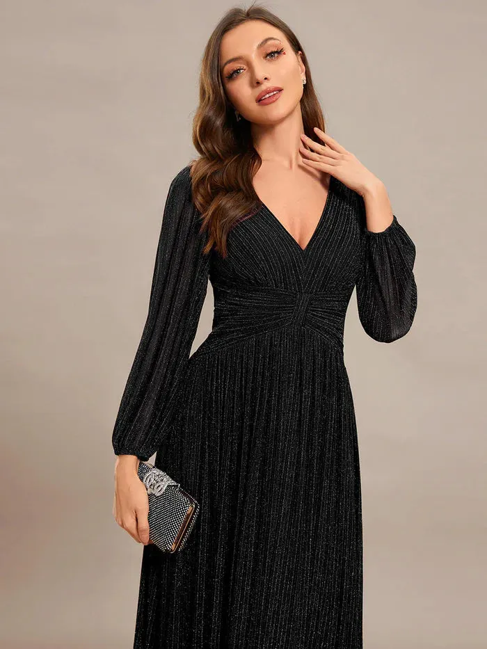 Maxi Long Chiffon Waist V Neck Evening Dress with Long Sleeves