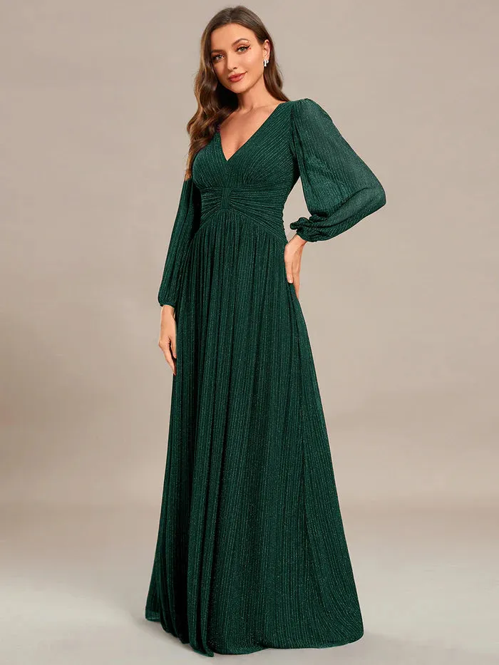 Maxi Long Chiffon Waist V Neck Evening Dress with Long Sleeves