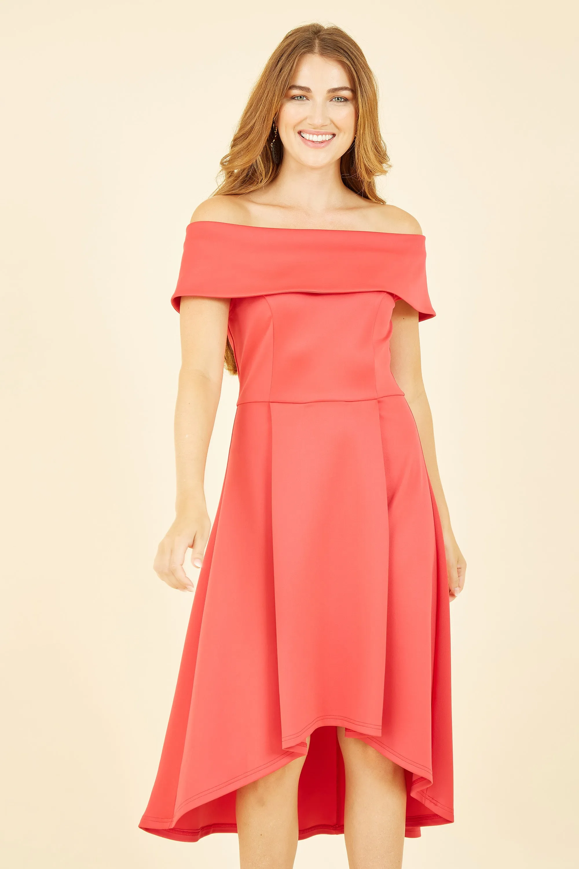 Mela London Red Bardot Dipped Hem Dress