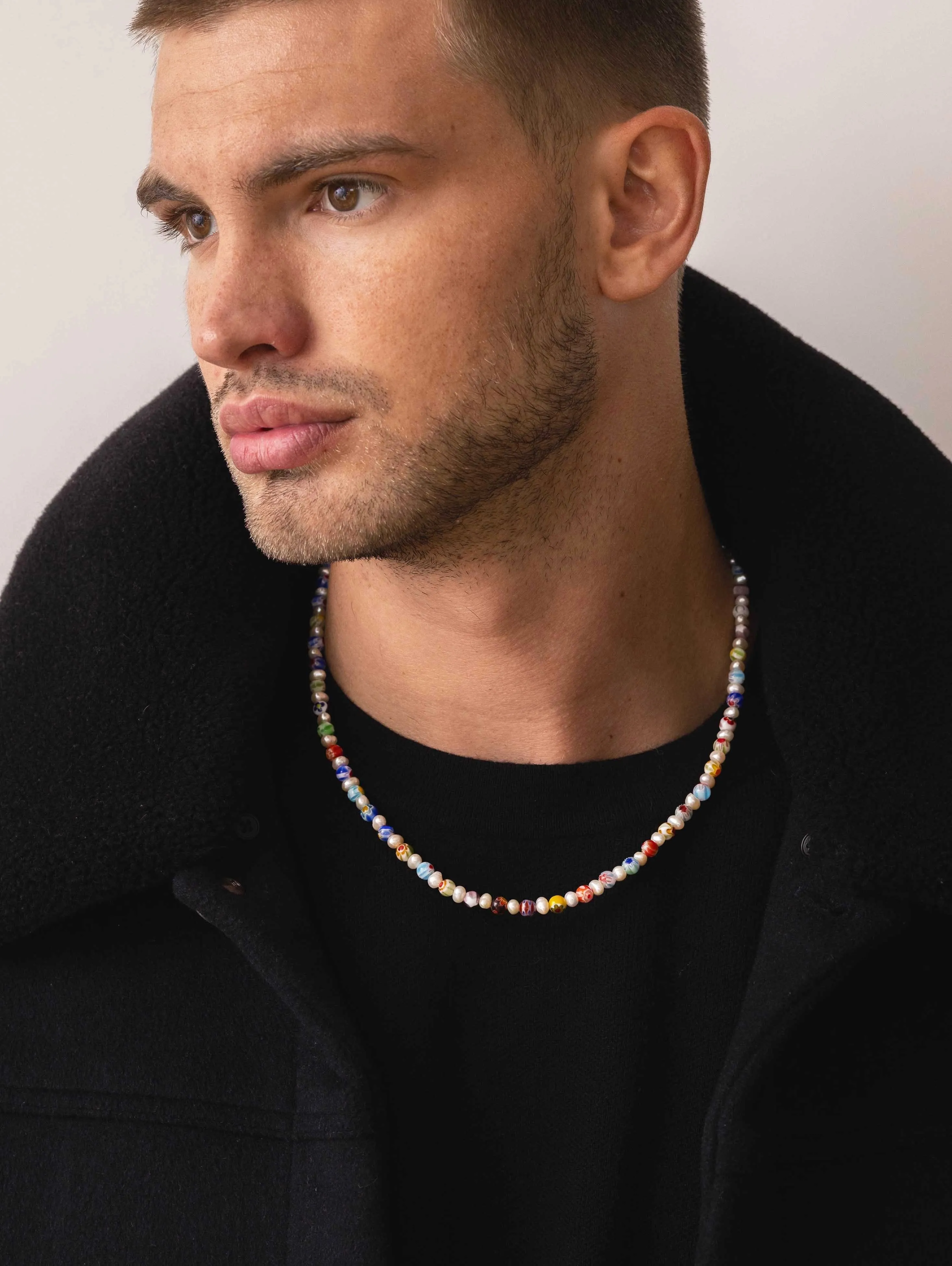 Men's Pearl Necklace with Hand-Painted Glass Beads