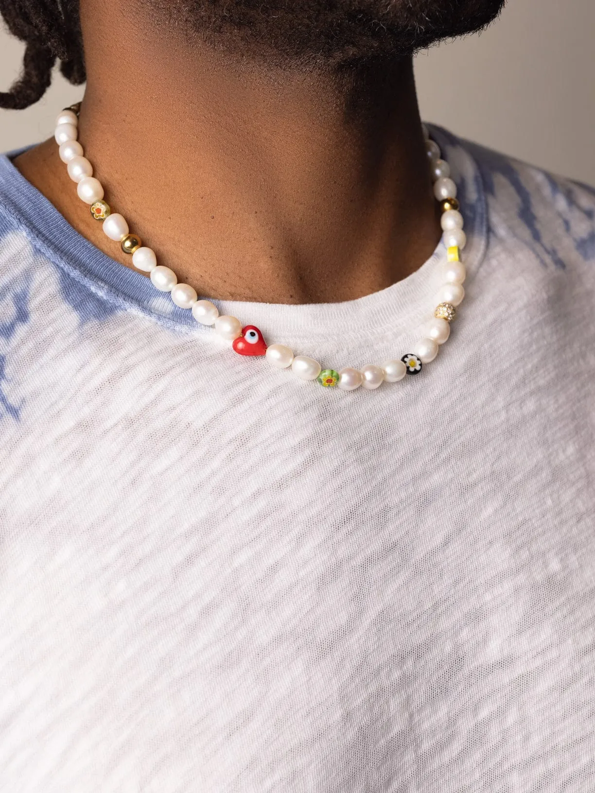 Men's Smiley Face Pearl Choker with Assorted Beads