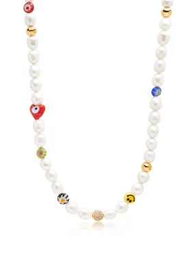 Men's Smiley Face Pearl Choker with Assorted Beads