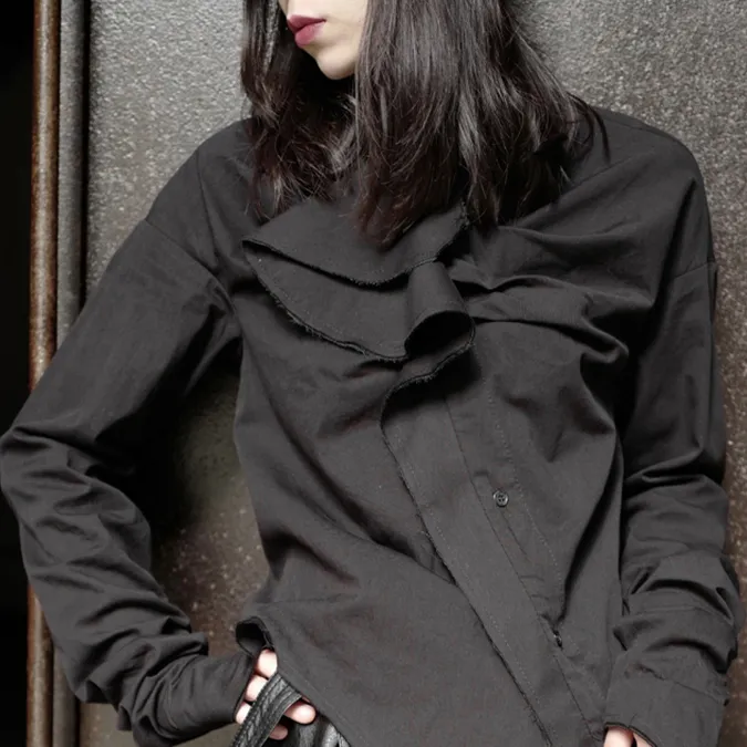 Minami Ruffle Long Sleeve Irregular Shirt - Black