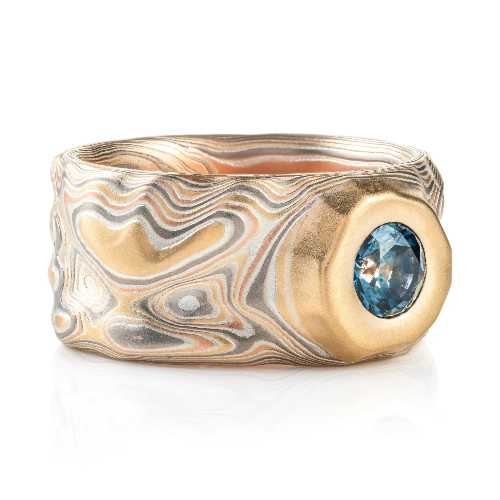 Mokume Gane Guri Bori Ring with Sapphire in Mesa Setting