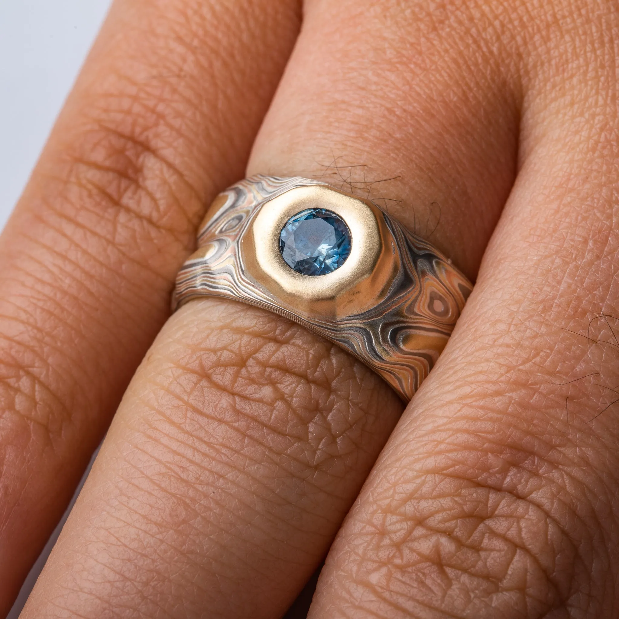 Mokume Gane Guri Bori Ring with Sapphire in Mesa Setting