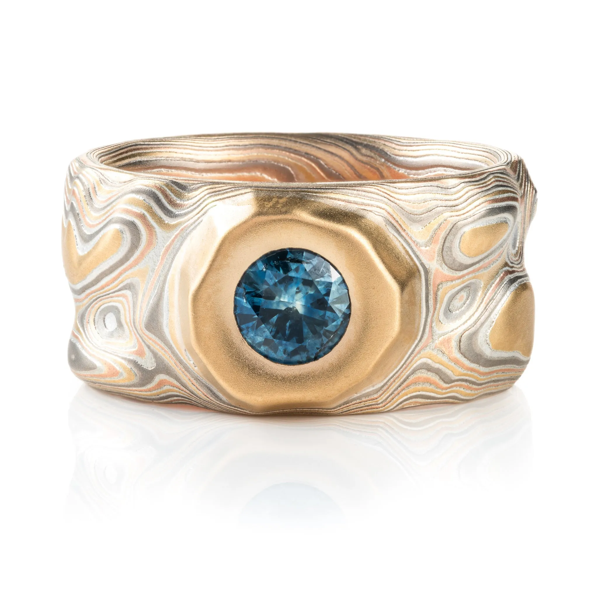 Mokume Gane Guri Bori Ring with Sapphire in Mesa Setting