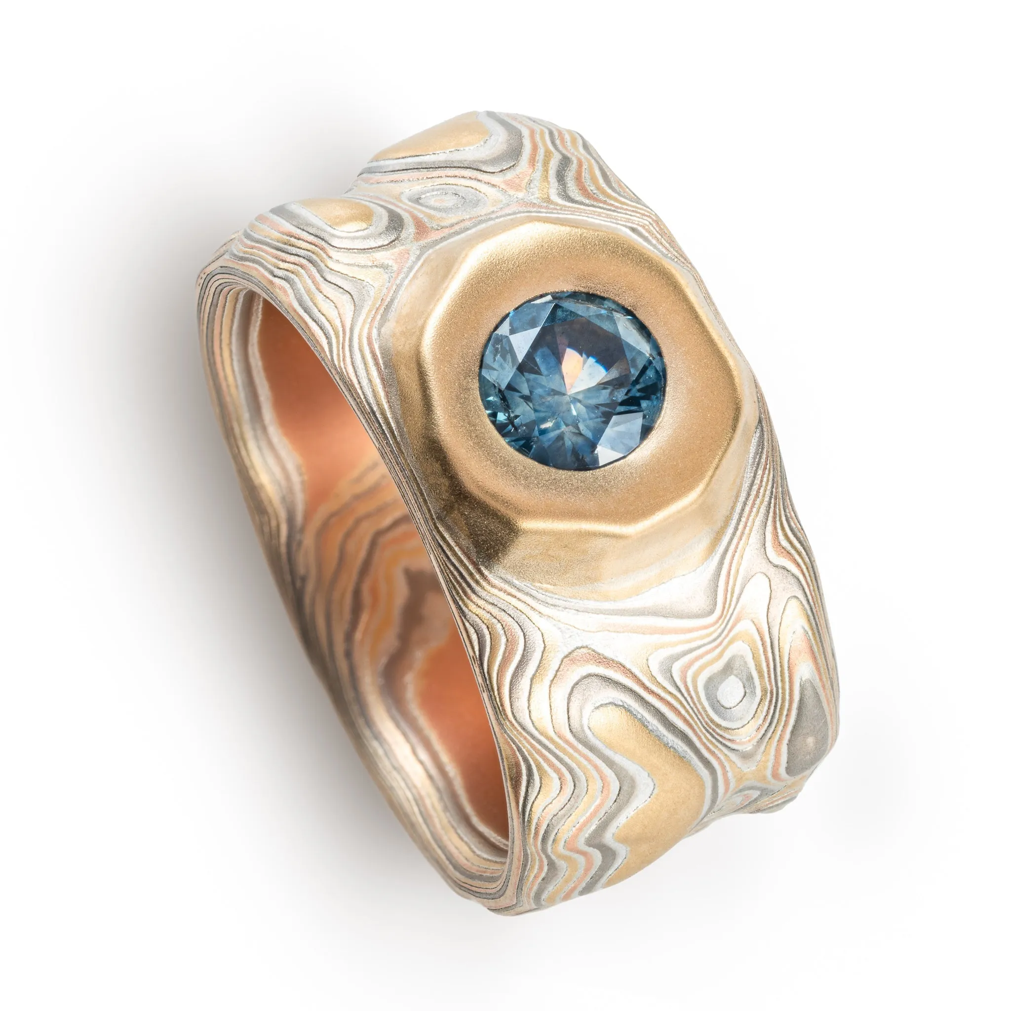 Mokume Gane Guri Bori Ring with Sapphire in Mesa Setting