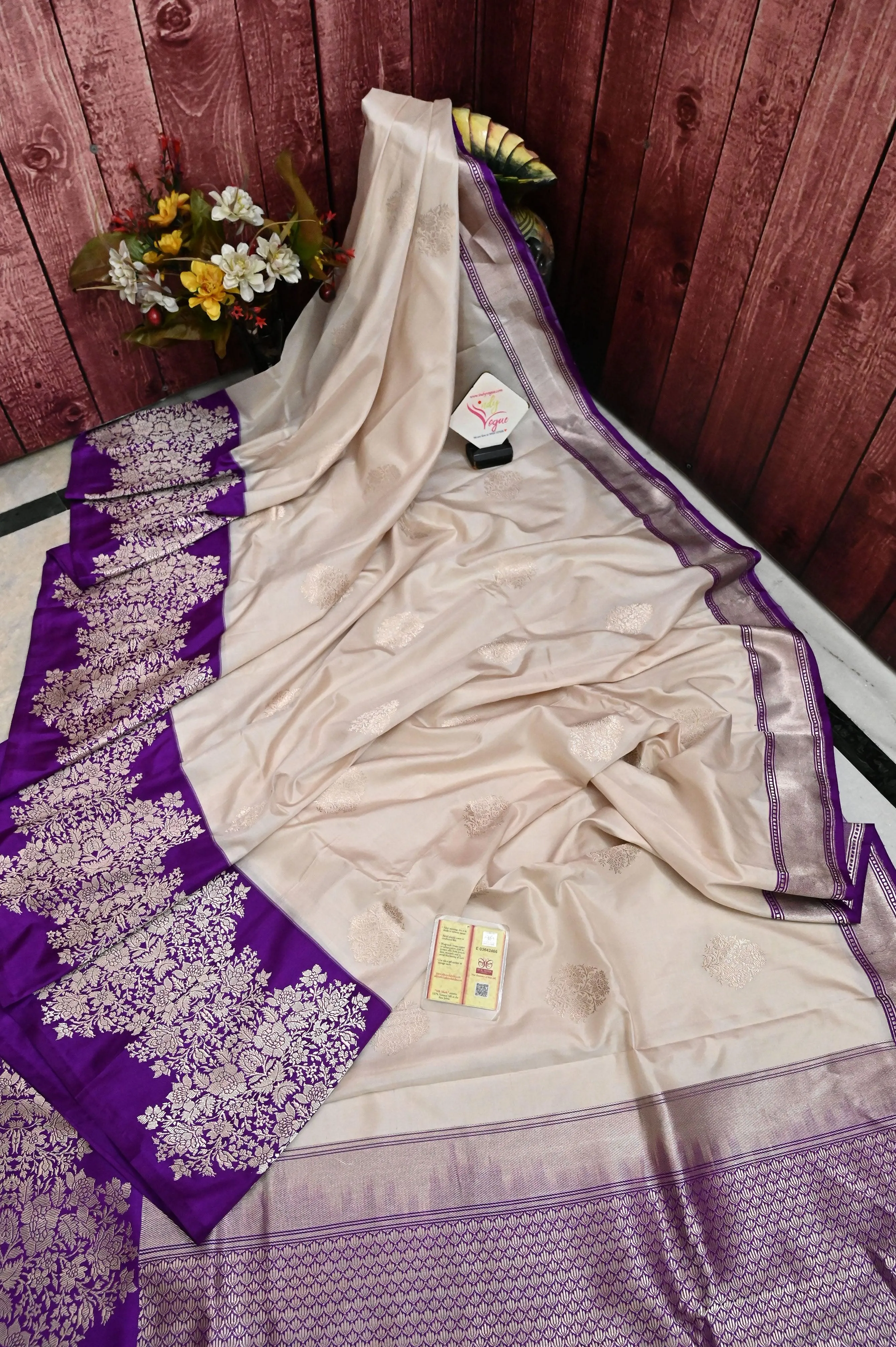 Offwhite and Purple Color Pure Katan Banarasi Saree with Silver Zari Work