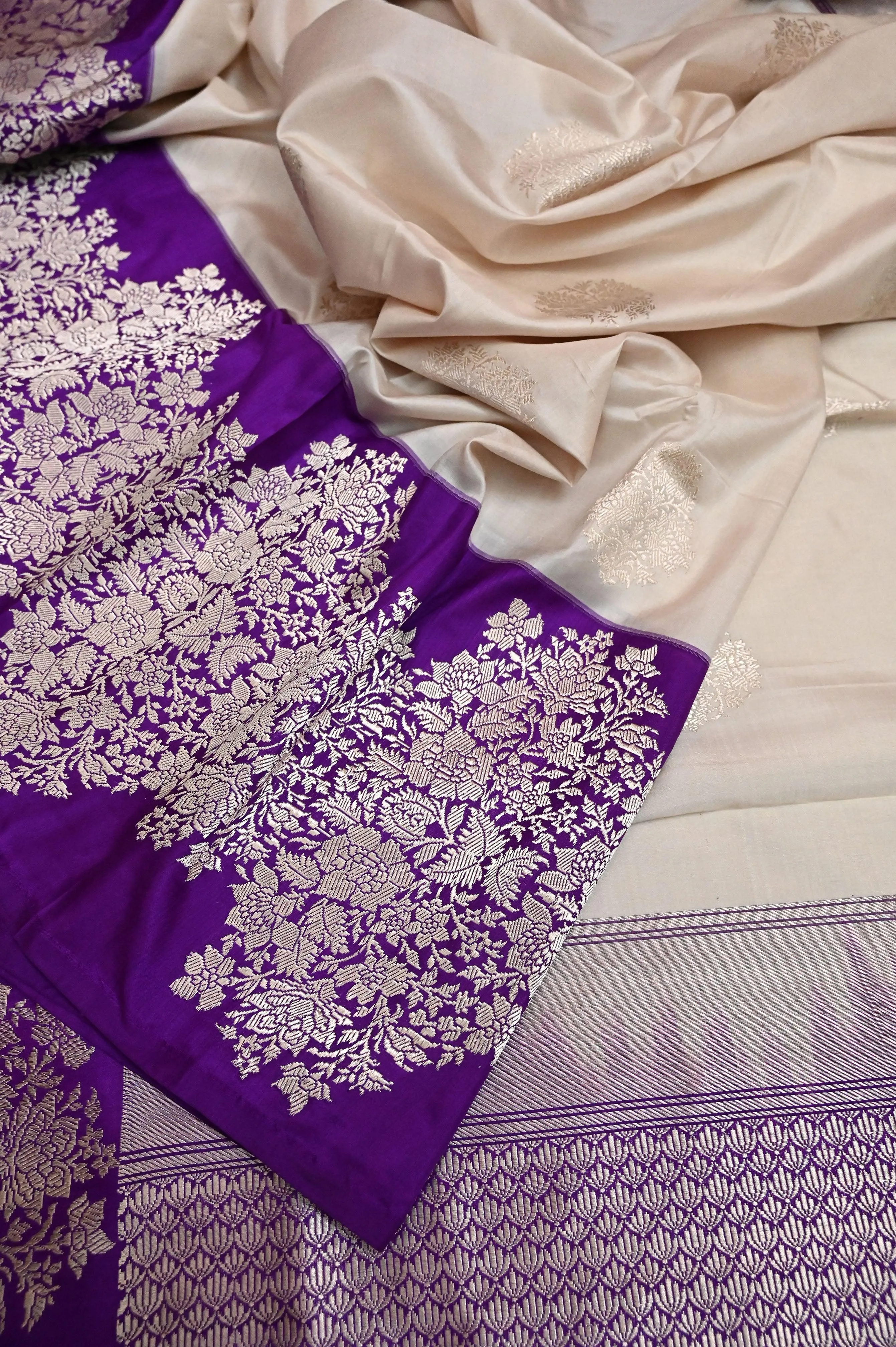 Offwhite and Purple Color Pure Katan Banarasi Saree with Silver Zari Work