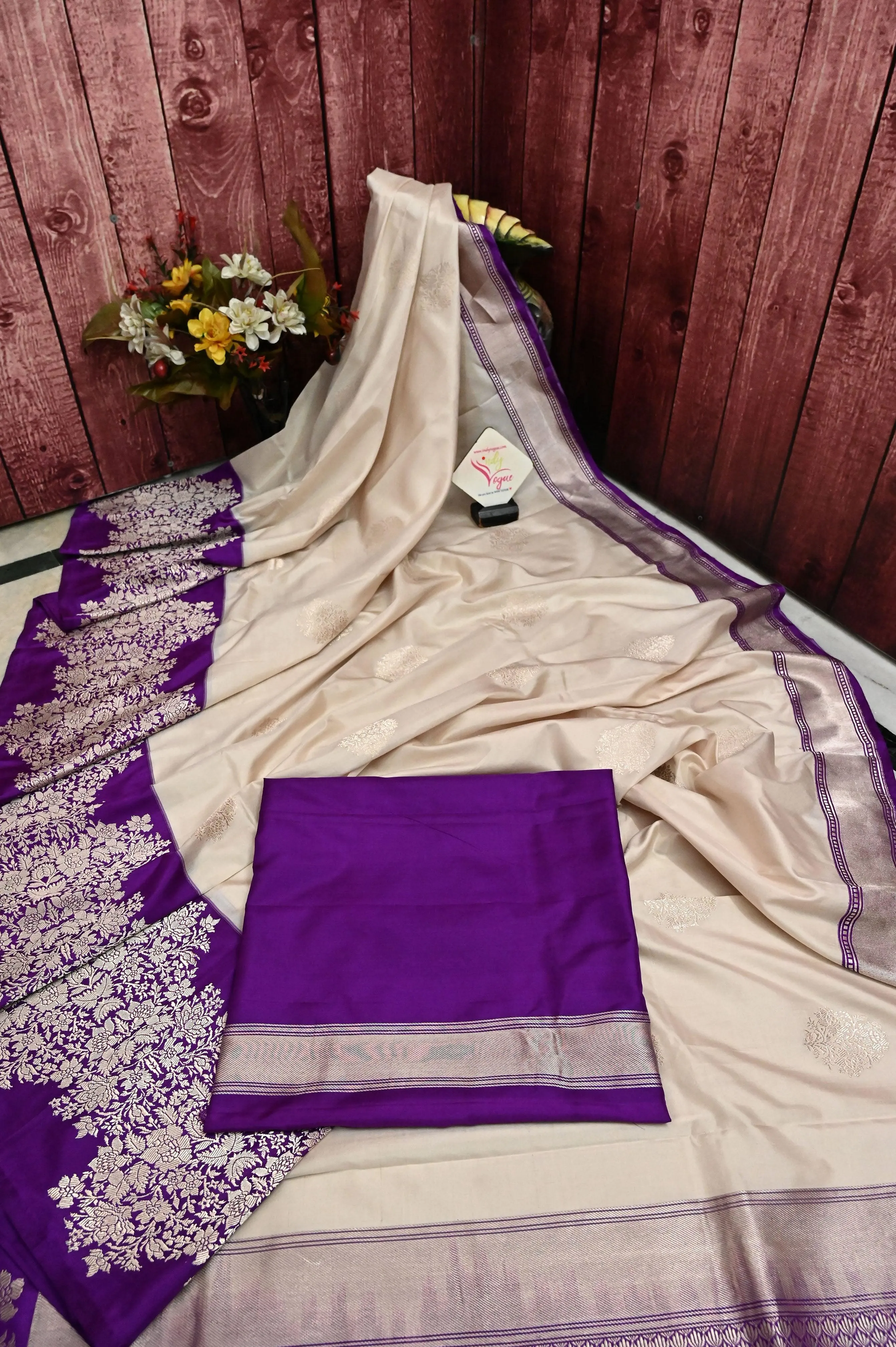 Offwhite and Purple Color Pure Katan Banarasi Saree with Silver Zari Work