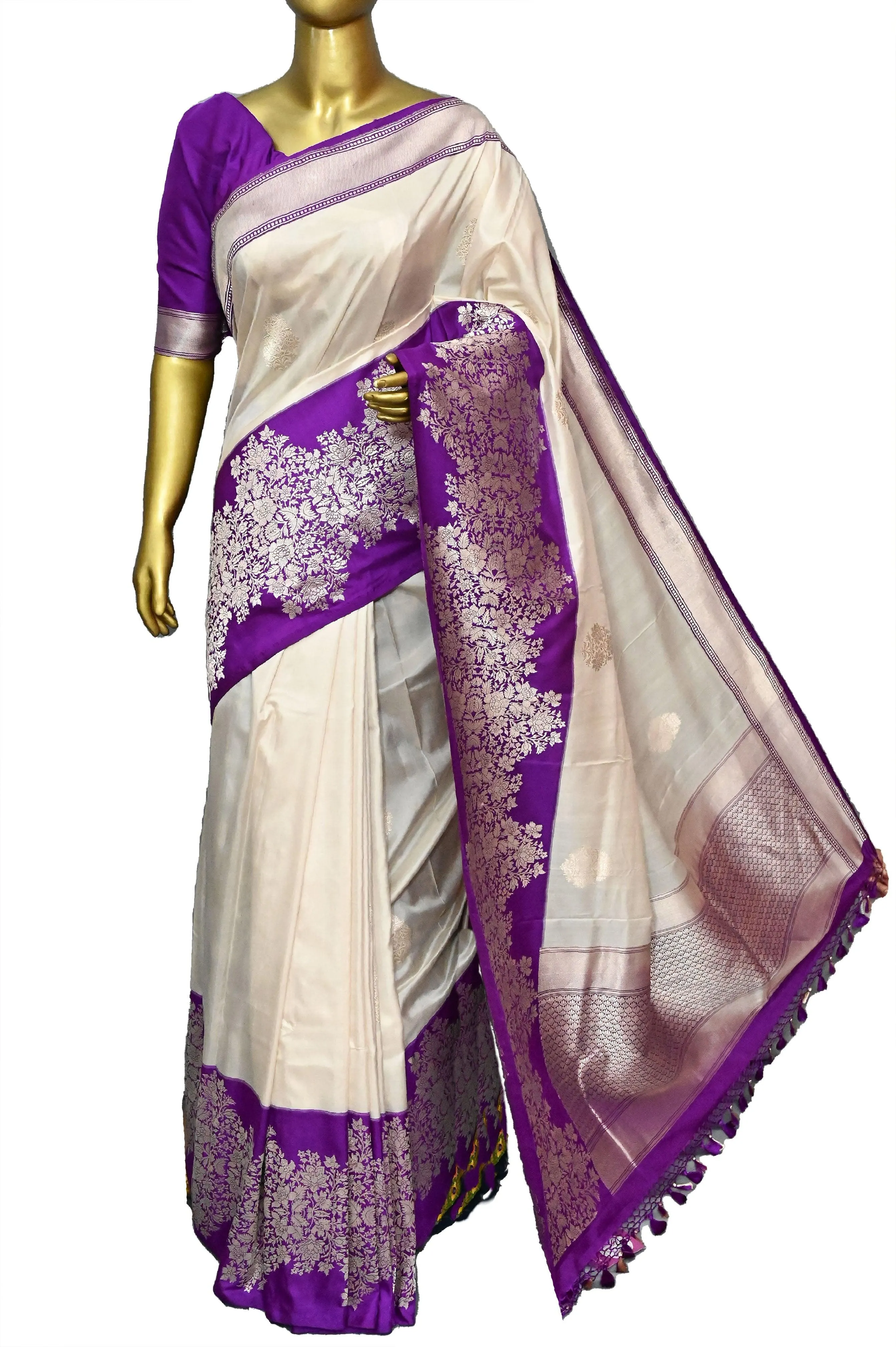 Offwhite and Purple Color Pure Katan Banarasi Saree with Silver Zari Work