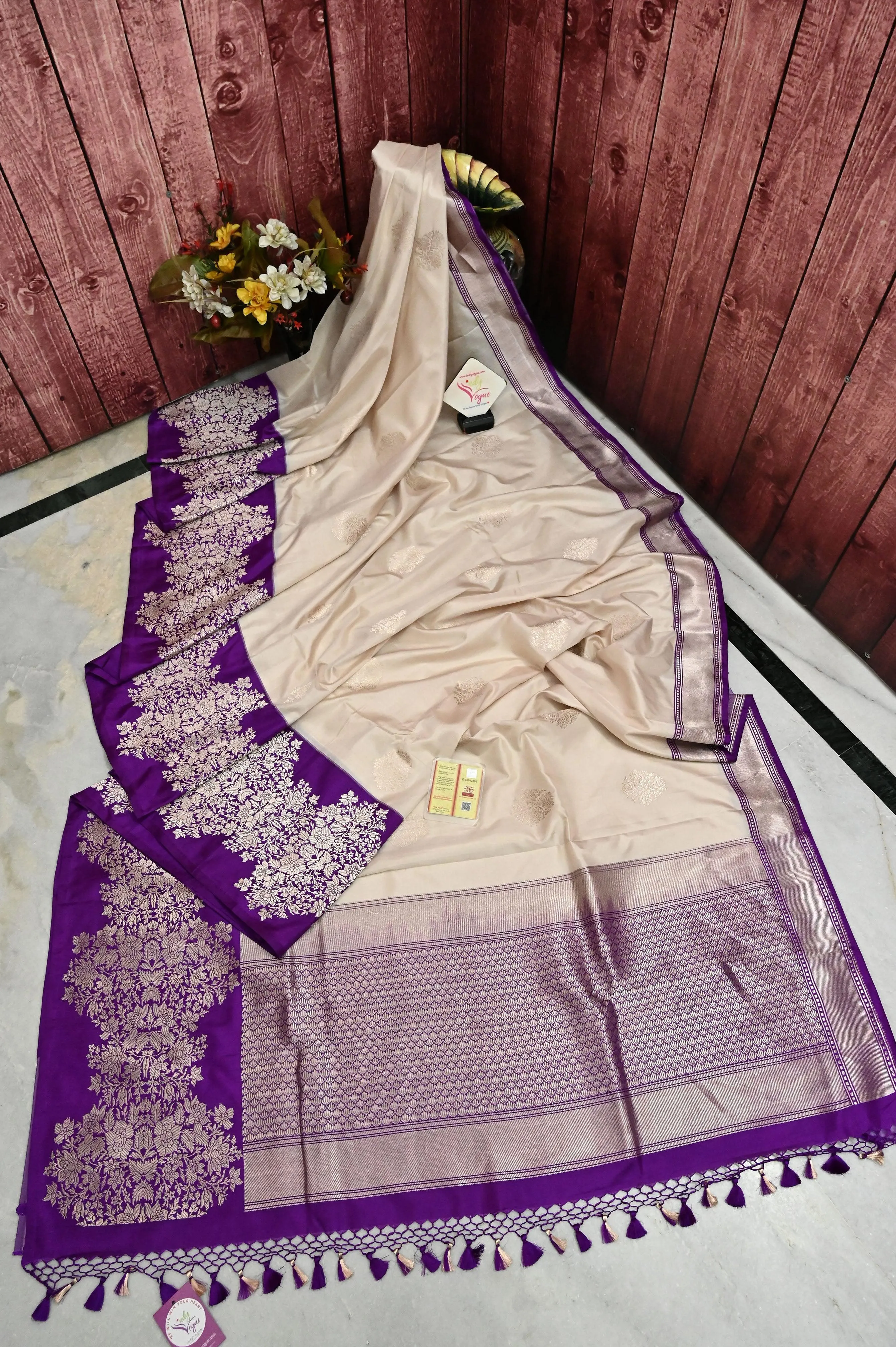 Offwhite and Purple Color Pure Katan Banarasi Saree with Silver Zari Work