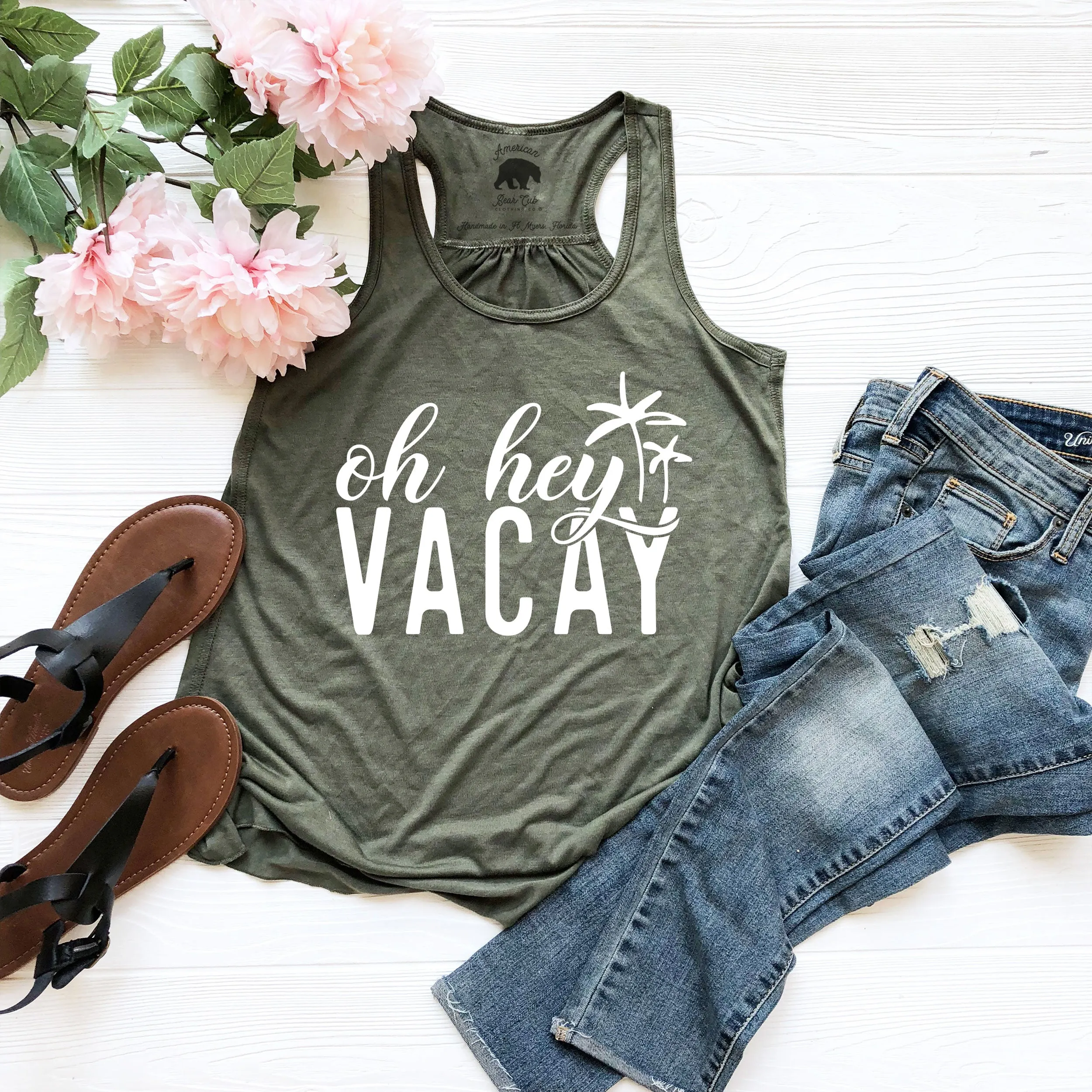 Oh Hey Vacay flowy racerback tank tops - light or dark artwork