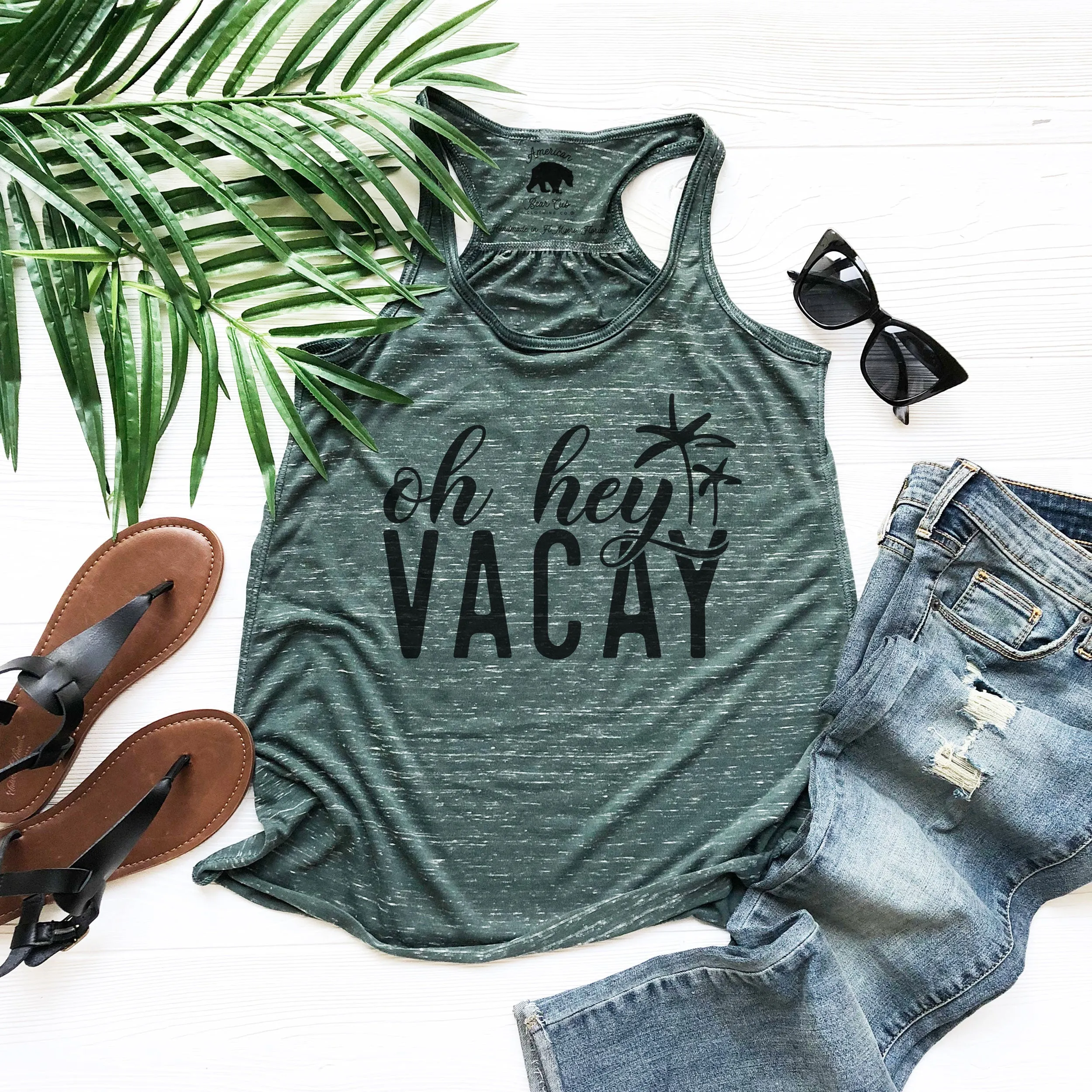 Oh Hey Vacay flowy racerback tank tops - light or dark artwork