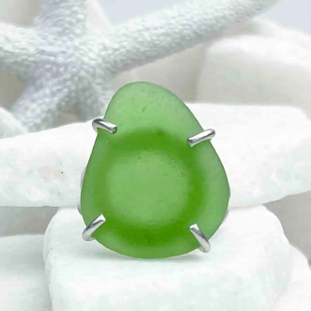 Pear-shaped Green Sea Glass Ring in Sterling Silver Size 7 | #1799